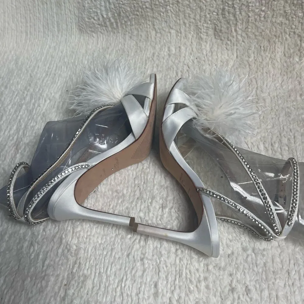 Antonio Melani white Satin Feathered &Rhinestones ankle strap heel Sandals.SZ9M